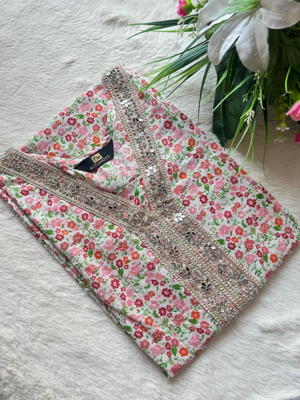 Mirror laced festive wear v-neck kurti