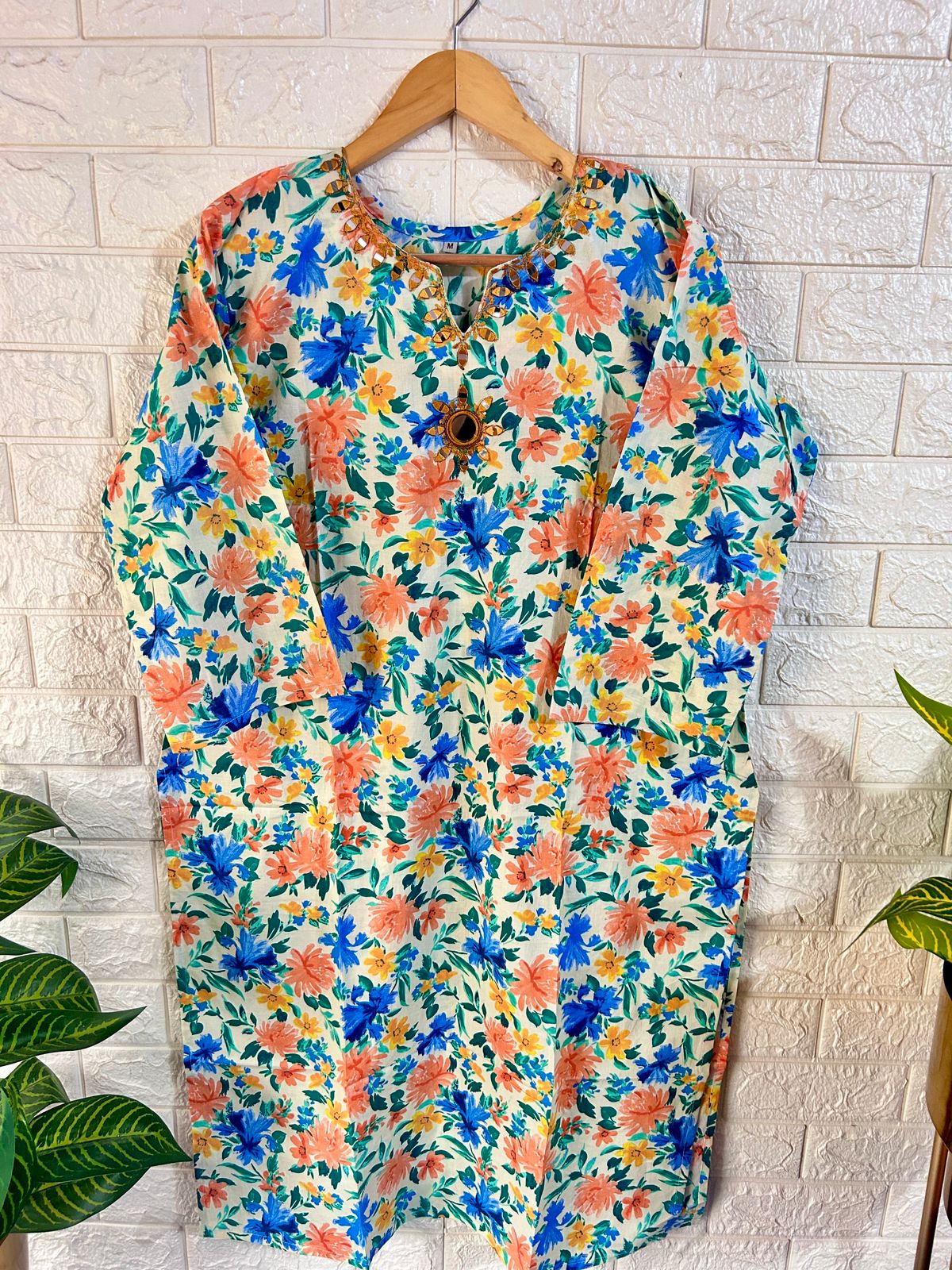 Embroidered neck cotton kurti