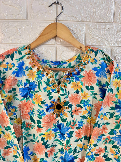 Embroidered neck cotton kurti