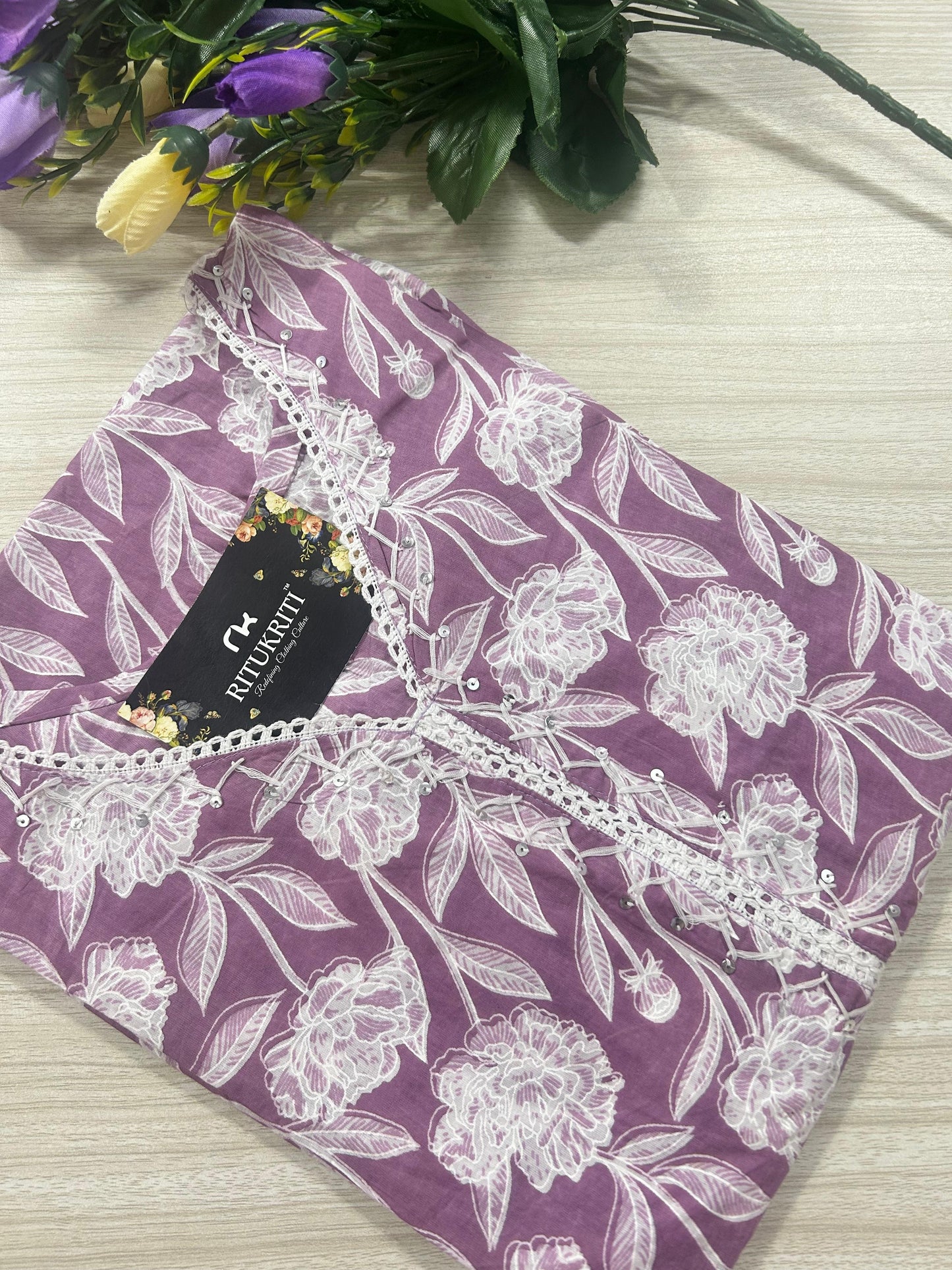 Plus size embellished  v -neck  cotton kurti