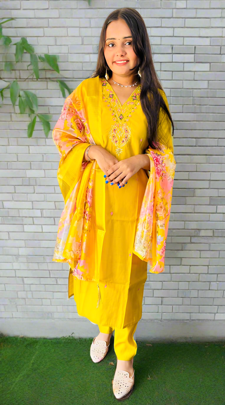 Muslin v-neck dupatta set