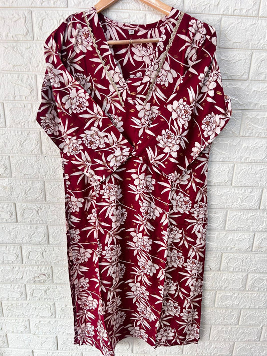 Rayon v neck lace embroidered kurtis