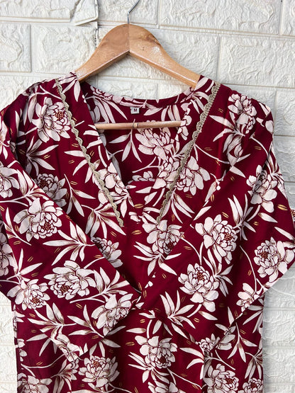 Rayon v neck lace embroidered kurtis
