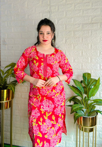 Embroidered neck cotton kurti