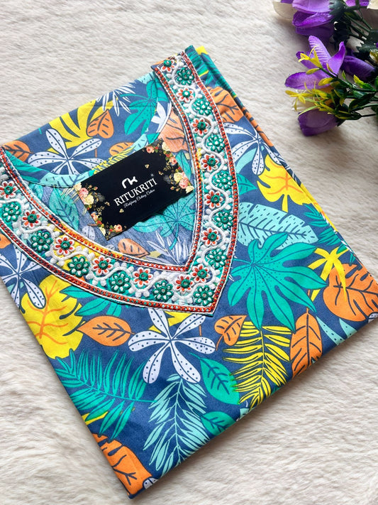 Plus size embroidered v-neck cotton kurti