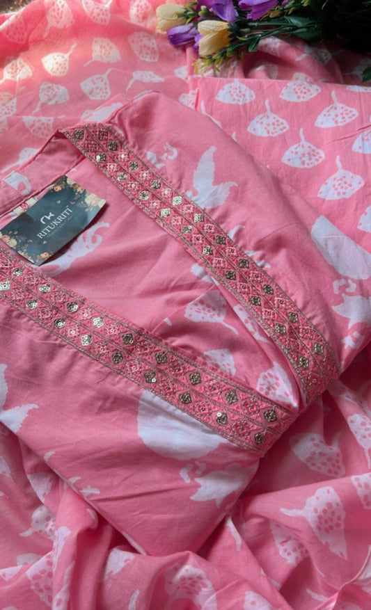 Cotton v-neck embroidered three piece